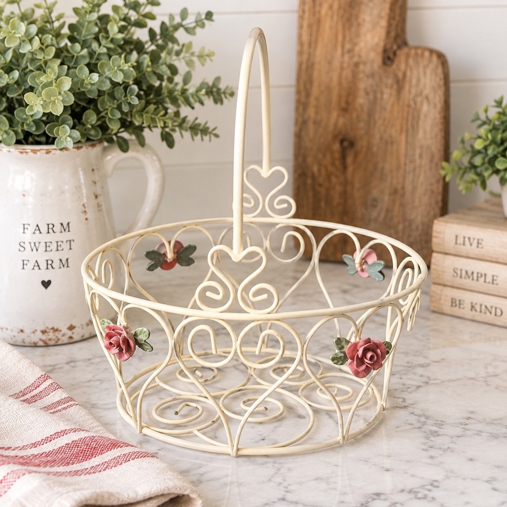 Vintage Style Cream Metal Wire Basket Roses Hearts Shabby Chic Cottage Decor
